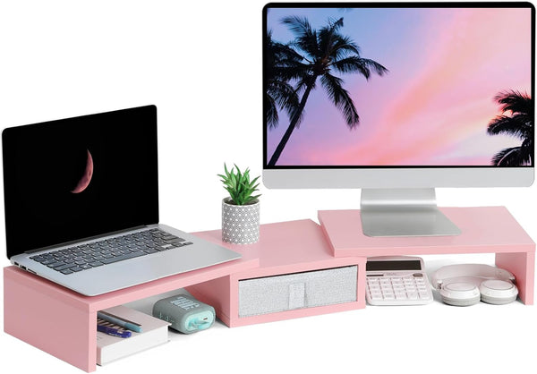 TEAMIX Pink Dual Monitor Stand Riser with Drawer - Adjustable Length and Angle for 2 Laptop/PC/Screen/TV (1 Drawer)
