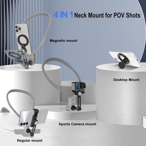 Magnetic Neck Phone Holder, 4 in 1 Neck Mount for Phones and Action Cameras, Hands-Free Holder for Recording POV/Vlog