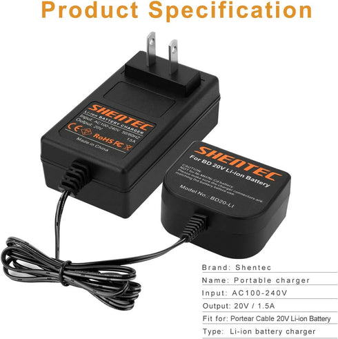 Shentec 20V Li-ion Charger - Compatible with Black & Decker & Porter Cable 20V Batteries
