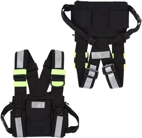 Radio Chest Harness Rig Holster Pack, Front Pouches Zipper Bag with Green Reflective Strips for Walkie Talkies