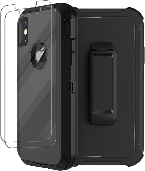 iPhone X/Xs Case with Belt Clip Holster, 2X Screen Protector, Military Grade Shockproof Heavy Duty Rugged Cover (Black)