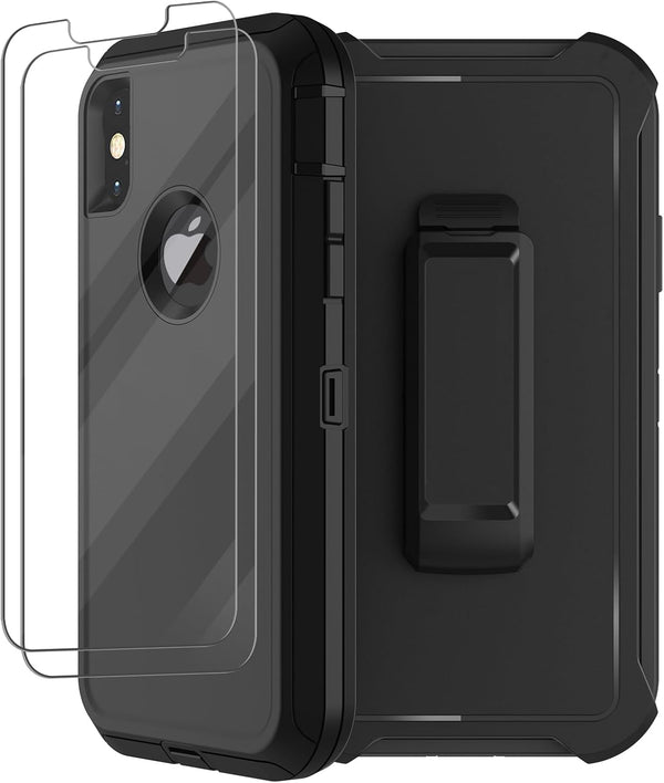 iPhone X/Xs Case with Belt Clip Holster, 2X Screen Protector, Military Grade Shockproof Heavy Duty Rugged Cover (Black)