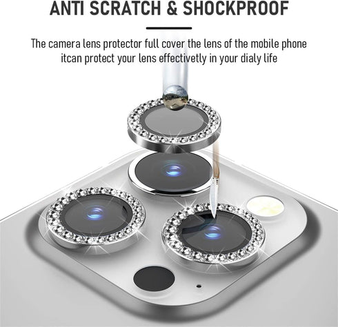 Suoman 3-Pack iPhone 12 Pro Max Camera Lens Protector, 9H Tempered Glass, Metal Frosted Cover, Diamonds-Silver
