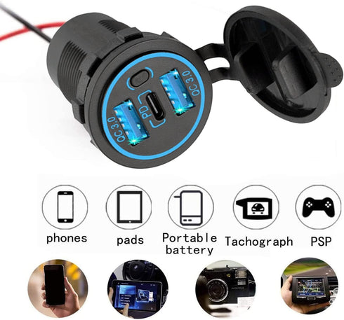 12V USB Charger, PD 20W USB-C Power Socket and 18W QC3.0 Socket Waterproof Power Outlet for Car, RV, Boat