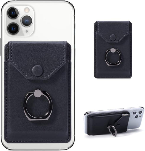 Ring Stand - Slim Leather Wallet Stick on Wallet for Cell Phone, Credit Card RFID Blocking Sleeve Black