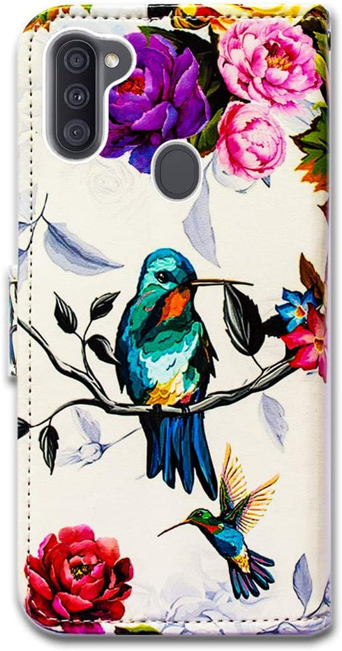 Case for Galaxy A11 (US Version) - Hummingbird in Flowers Leather Flip Wallet Cover with Card Slot