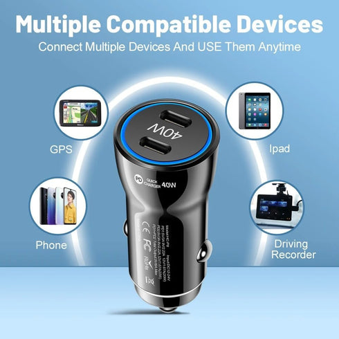 USB C Car Charger, 2-Port 40W Dual USB-C Power Adapter, PD/QC Fast Charging for iPhone, Samsung Galaxy, Pixel