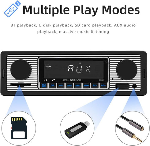 Classic Single Din Car Radio with Bluetooth, FM Radio, Hands-Free Calling, USB, SD, AUX Port, Audio Recording, Remote