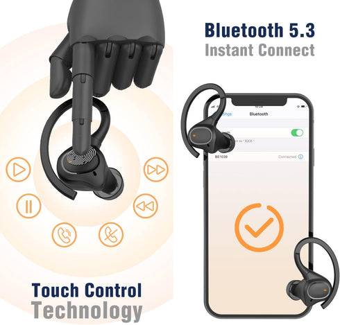 Wireless Earbuds with Earhooks for Small Ears, Deep Bass Stereo Wireless Earphones with Mic, IPX7 Waterproof, Noise Isolation, 3EQ Sound Settings, Wireless Headphones for Sport Workout