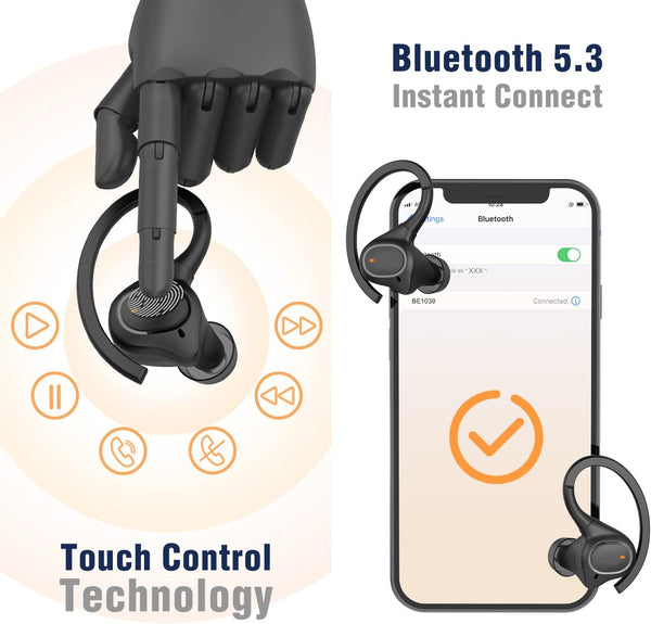 Wireless Earbuds with Earhooks for Small Ears, Deep Bass Stereo Wireless Earphones with Mic, IPX7 Waterproof, Noise Isolation, 3EQ Sound Settings, Wireless Headphones for Sport Workout