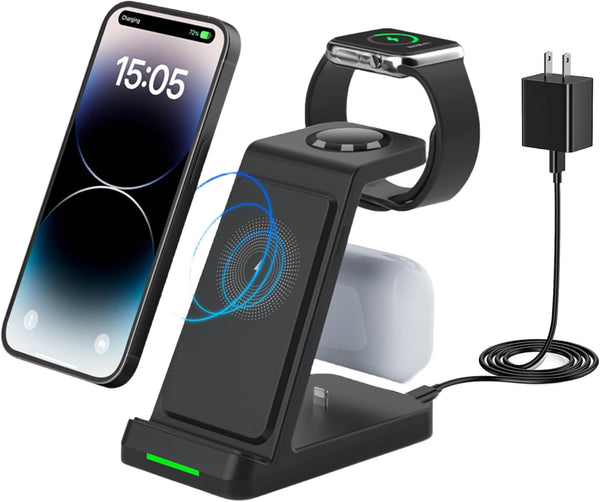 3 in 1 Wireless Charger for iPhone 15/14/13/12/11/X, Apple Watch, AirPods Charging Dock with QC3.0 Adapter - Black