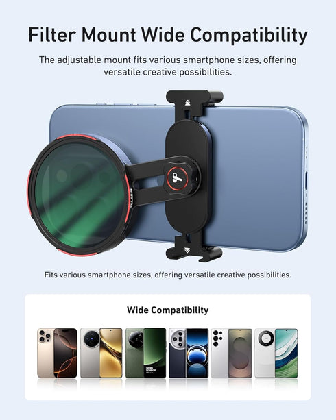 TELESIN 67mm 1/4" 16 15 S24 Universal Phone Filter Mount for DSLR Filters, Clip-On Holder with Cold Shoe & Thread