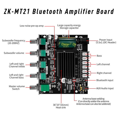 ZK-MT21 2.1 12V-24V Channel Bluetooth Amplifier Board Mini Audio Receiver with Subwoofer Output, Bass Treble Control