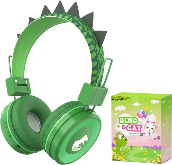 QearFun Dino Headphones for Kids, Bluetooth Headphones with Microphone & 3.5mm Jack, Adjustable Headband for