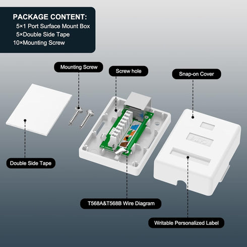 VCELINK Cat6 RJ45 Surface Mount Box | 1-Port, Compatible with UTP Cat6/Cat5e/Cat5, 5-Pack, White