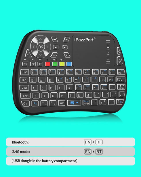 iPazzPort Bluetooth Mini Keyboard with Touchpad, 2.4G Mini Wireless Keyboard and Mouse with IR Learning Support,RGB Backlit, Rechargeable for PC, Smart TV, Laptop, Android TV Box Type-C