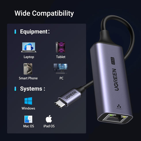 UGREEN USB C to Ethernet Adapter 2.5G, Aluminum Type C (Thunderbolt 4/3) to RJ45 Network Adapter for Laptop
