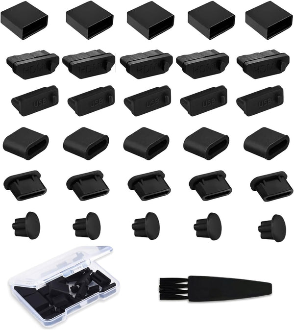 USB Cover Port Plug Caps - 30Pcs Silicone Anti Dust Cover for USB Type-C, Headphone, HDMI, USB Type-A with Cleaning