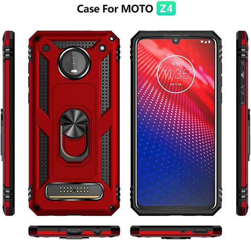 Military Grade Drop Impact Case for Motorola Moto Z4, Z4 Play with 360 Metal Rotating Ring Kickstand (Rose Gold)