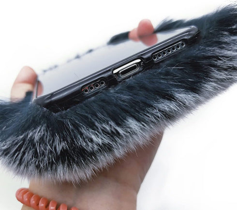 Cute Plush Case for iPhone 15 Pro by Losin - Dark Gray, Soft Fluffy Cover with Glitter Lanyard & Diamond Lens Protector.