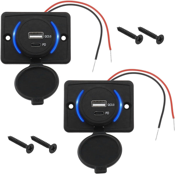 2PCS Type C USB Car Charger Socket Power Outlet with Dustproof Cap, Dual Port QC3.0 USB & PD Type C 12-24V 18W