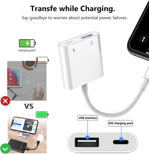 Lightning to USB Camera Adapter for iPhone, USB 3.0 Female OTG Cable for iPad to Connect Card Reader, USB Flash Drive