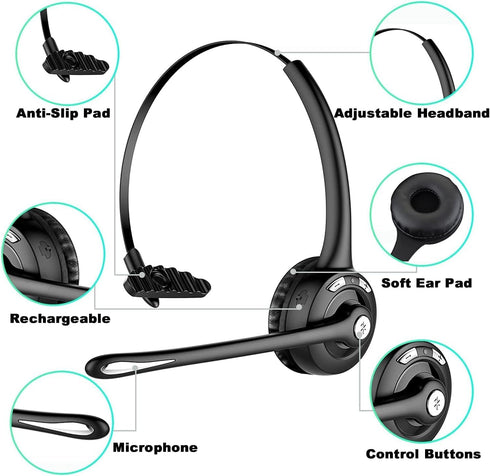 Trucker Bluetooth Headset with Microphone, Wireless Cell Phone Headphone, On Ear Design for Home Office