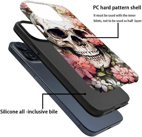 Compatible with iPhone 14 Pro Case, Skull Red Flowers Pattern Print Phone Case, Durable Fashion Funny Liquid Silicone