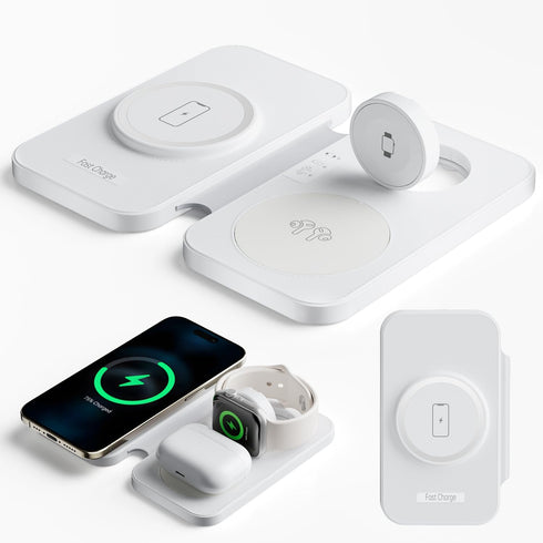 2024 Version 3 in 1 Wireless Super Fast Charging Station for iPhone, Apple Watch, AirPods, Magnetic Foldable Dock, White