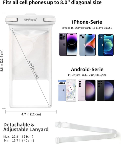 wellhouse Waterproof Phone Pouch, Case for iPhone 15/14/13/12 Pro Max, IPX8 3D Dry Bag Beach Essentials - White