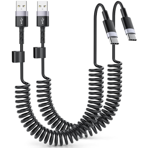 Coiled USB A to USB C Cable, 2 Pack, 3 FT, CarPlay and Android Auto Compatible with iPhone 15, MacBook, Galaxy S23