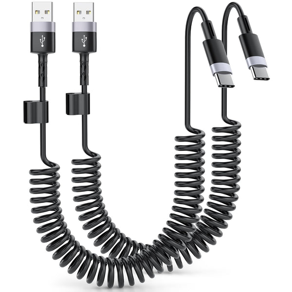 Coiled USB A to USB C Cable, 2 Pack, 3 FT, CarPlay and Android Auto Compatible with iPhone 15, MacBook, Galaxy S23