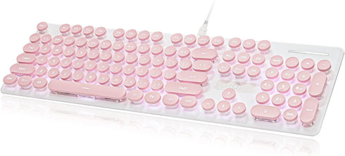 Wired Quiet Membrane Keyboard, Full Size 104-Keys, Retro Punk Typewriter, White LED Backlit, USB, Pink