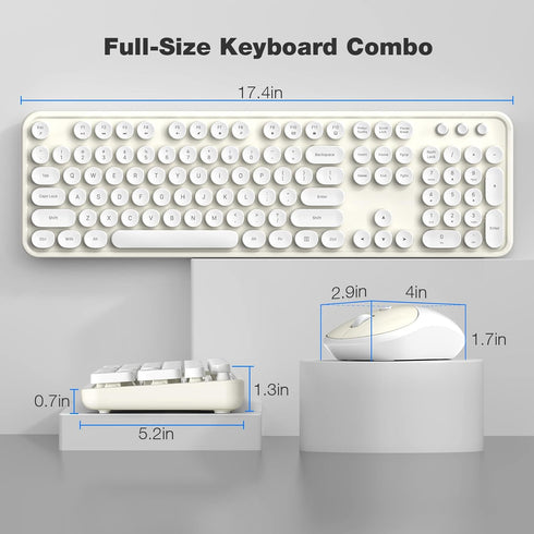 Wireless Keyboard and Mouse Combo, 104 Keys Full-Sized Typewriter Keyboard, 2.4 GHz USB Receiver, Cremy White