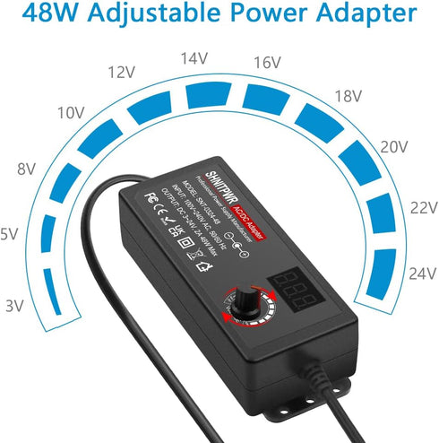 SHNITPWR Universal AC to DC Adapter 3V ~ 24V 2A 48W Switching Power Supply 3V 5V 6V 9V 12V 15V 18V 19V 20V 24V 1A 1.5A 2 Amps Adjustable AC/DC Converter Transformer with 14 Tips & Polarity Converter