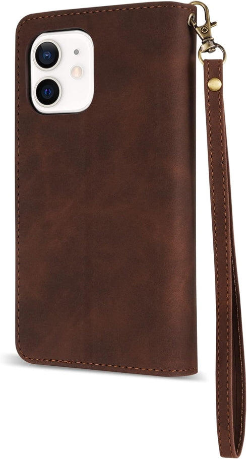 ZZXX for iPhone 12 Mini Wallet Case - Premium Soft PU Leather Zipper Flip Folio with Wrist Strap