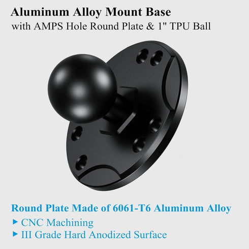 BRCOVAN 1'' Ball Mount Base with Aluminum Alloy AMPS Hole Round Plate & 1'' TPU Ball Adapter