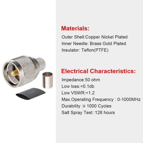PL259 Male Crimp Coax Connector, SO239 UHF for LMR400/KMR400/RG8/RG8U/RG213/9913/7D-FB Coax Cable (Pack of 5)