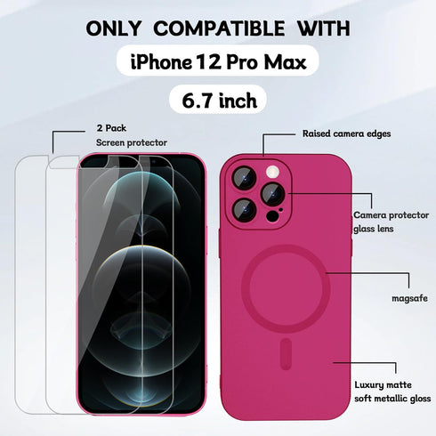 Hot Pink Magnetic Case for iPhone 12 Pro Max, Matte Soft Metallic, MagSafe Compatible, with Lens & 2 Screen Protectors.