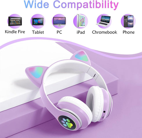 Wireless Over-Ear Headphones with Microphone, Bluetooth Cat Ear Headphones for Kids, Teens, Adults