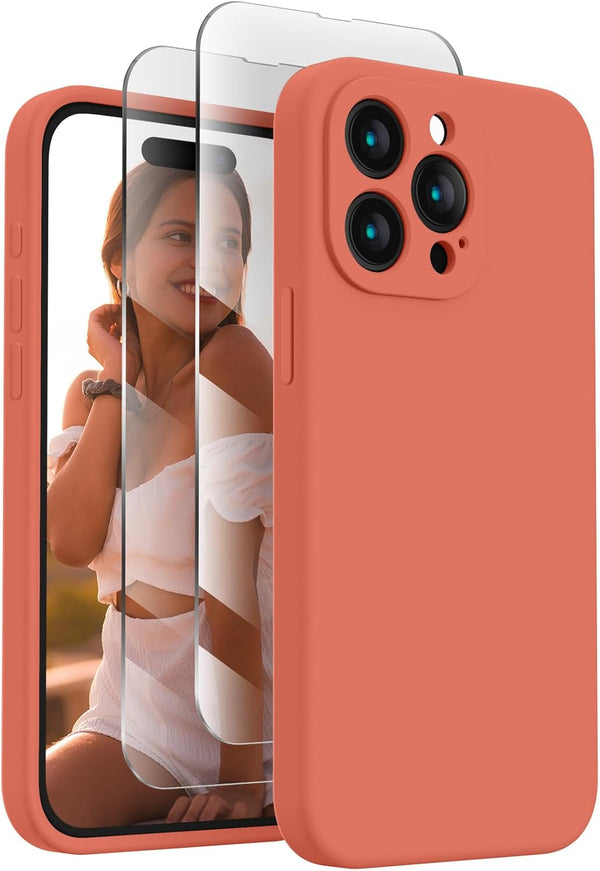 FireNova iPhone 15 Pro Case, Pink Pomelo, 6.1", Silicone, Camera Protection, Soft Microfiber Lining, Includes 2 Screen