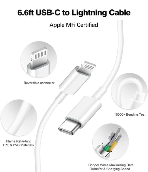 20W Dual Port Fast Charger for iPad 9th/8th/7th Gen 10.2 inch, iPad Air 3/2, with 6.6ft USB-C to Lightning Cable