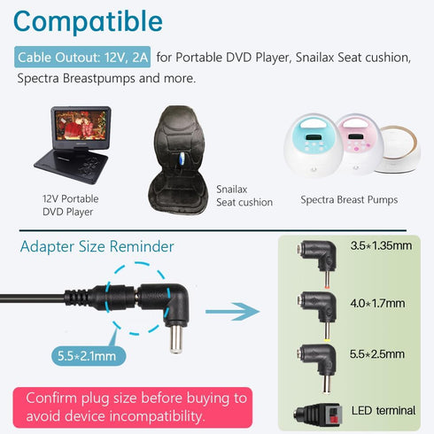 FouceClaus 12V Car Charger Adapter for Portable DVD Player, Replacement Car Cigarette Cord for RCA, Philips, DBPOWER,