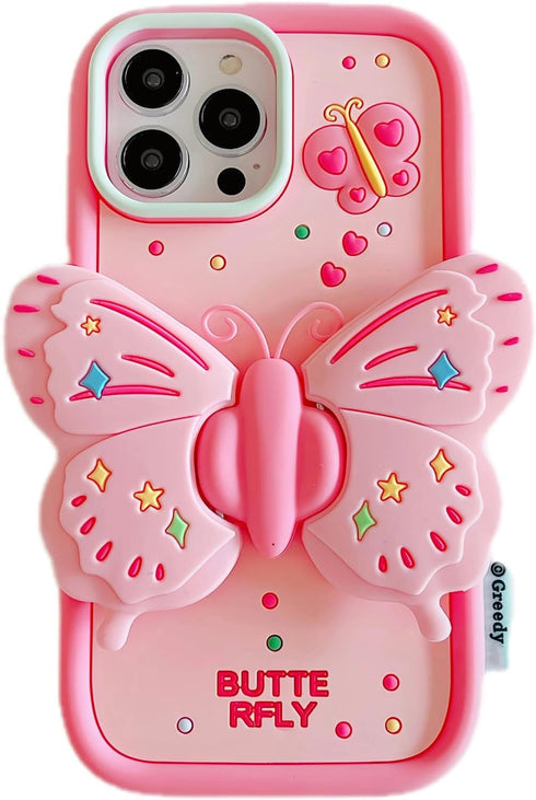 Cute 3D Butterfly iPhone 15 Pro Case, iPhone 14 Pro & 13 Pro with Kickstand, Shockproof Silicone Protector for Girls.