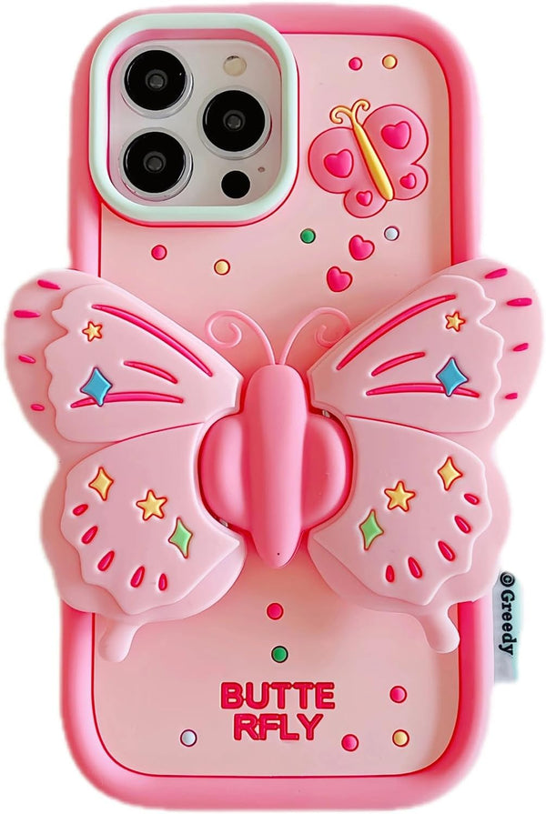 Cute 3D Butterfly iPhone 15 Pro Case, iPhone 14 Pro & 13 Pro with Kickstand, Shockproof Silicone Protector for Girls.
