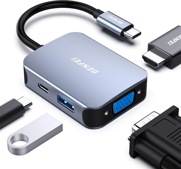 BENFEI USB C HUB 4in1, USB Type-C to HDMI VGA Adapter, USB C to USB Adapter, Power Delivery, Compatible with iPhone 15