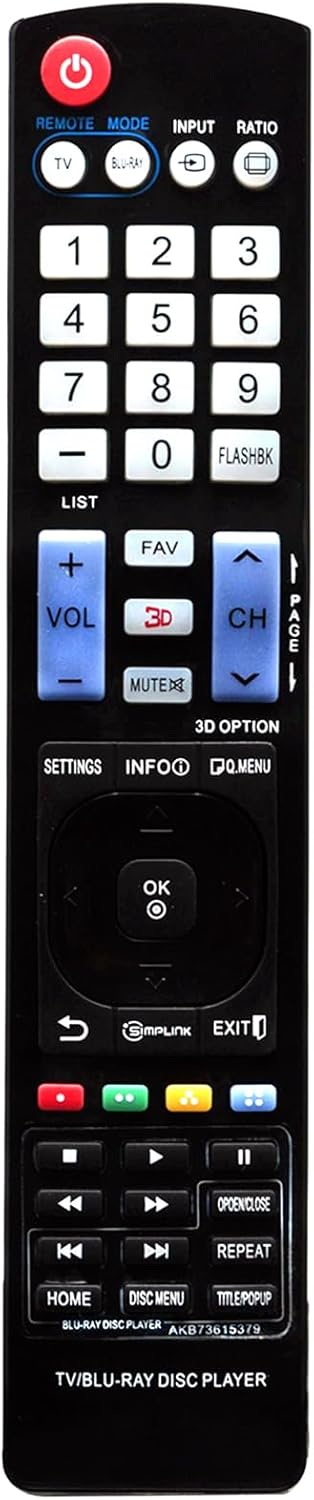 Universal Remote Control AKB73615379 Replacement for LG Plasma LCD LED HDTV, Blu-ray Disc Players