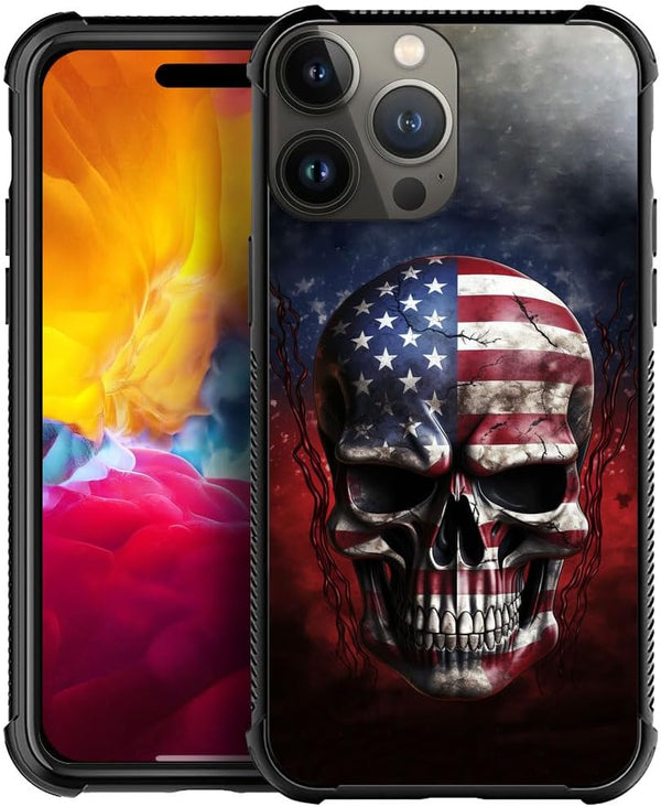DJSOK Ice and Fire American Flag Skull Case for iPhone 15 Pro - Rugged Dual Layer Shockproof Cover for Men, Boys, and