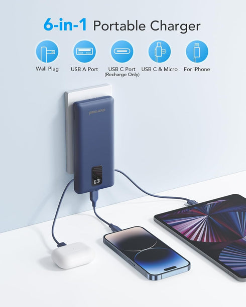 Charmast Portable Charger with Built-in Cables, 10000mAh USB C Power Bank, Fast Charging 15W, Slim External Battery Pack