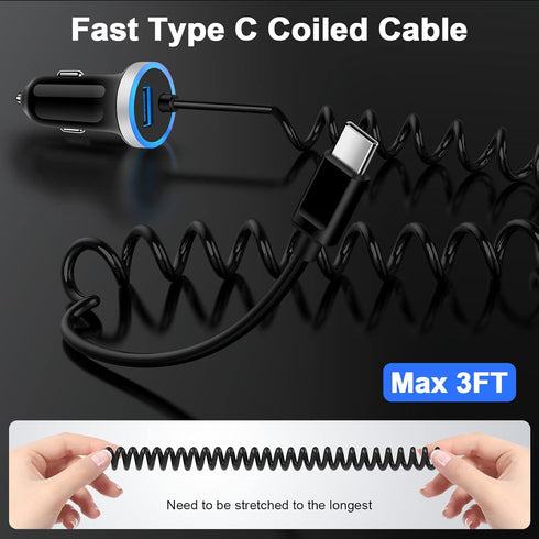 Fast Car Charger Type C Car Plug, Android Phone USB C Car Charger Cigarette Lighter Adapter with Fast Charging Coiled
